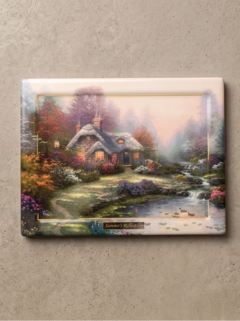 Thomas Kinkade Summer Reflection Cottage in Pink, Purple, Green, Blue
